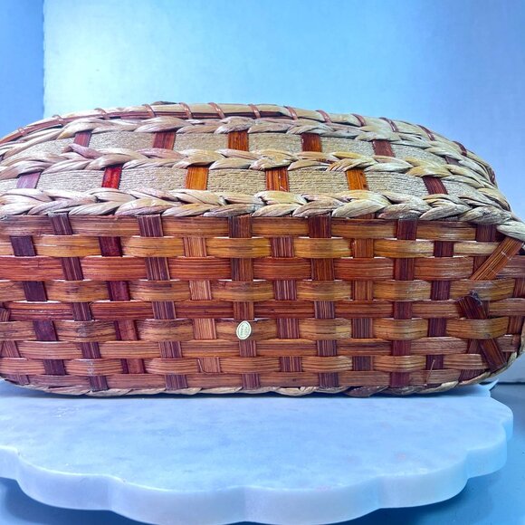 Vtg Woven Oval Basket Natural Mixed Media Rustic Storage Decor CabinCore - Picture 4 of 8